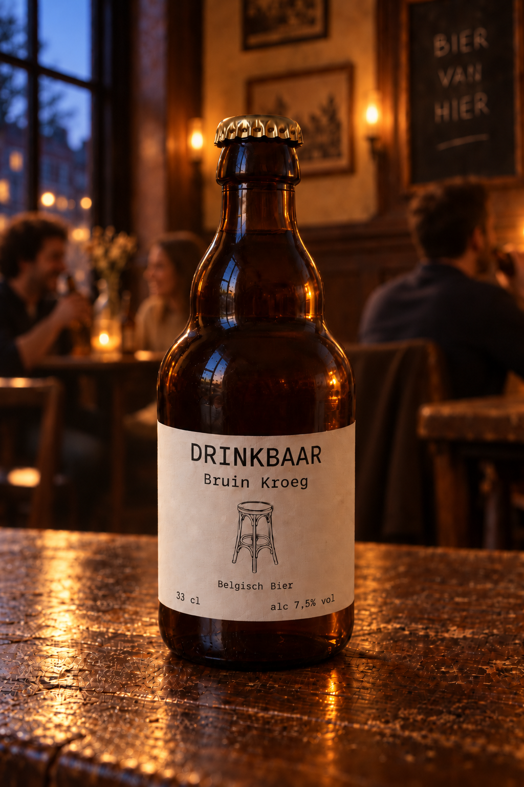 Productvisualisatie naar de echte Drinkbaar Bruin Kroeg fles: donkerbruin glas, gouden kroonkurk en een crèmekleurig etiket met barkruk, op een houten cafétafel